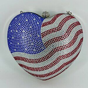 *Alessia USA FLAG Puff Heart Crossbody Bag Red White Blue Crystals - NWOT